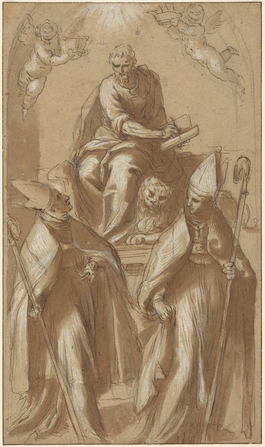 Saint Mark with Two Bishops and Putti, by Palma il Giovane, ink, 1580