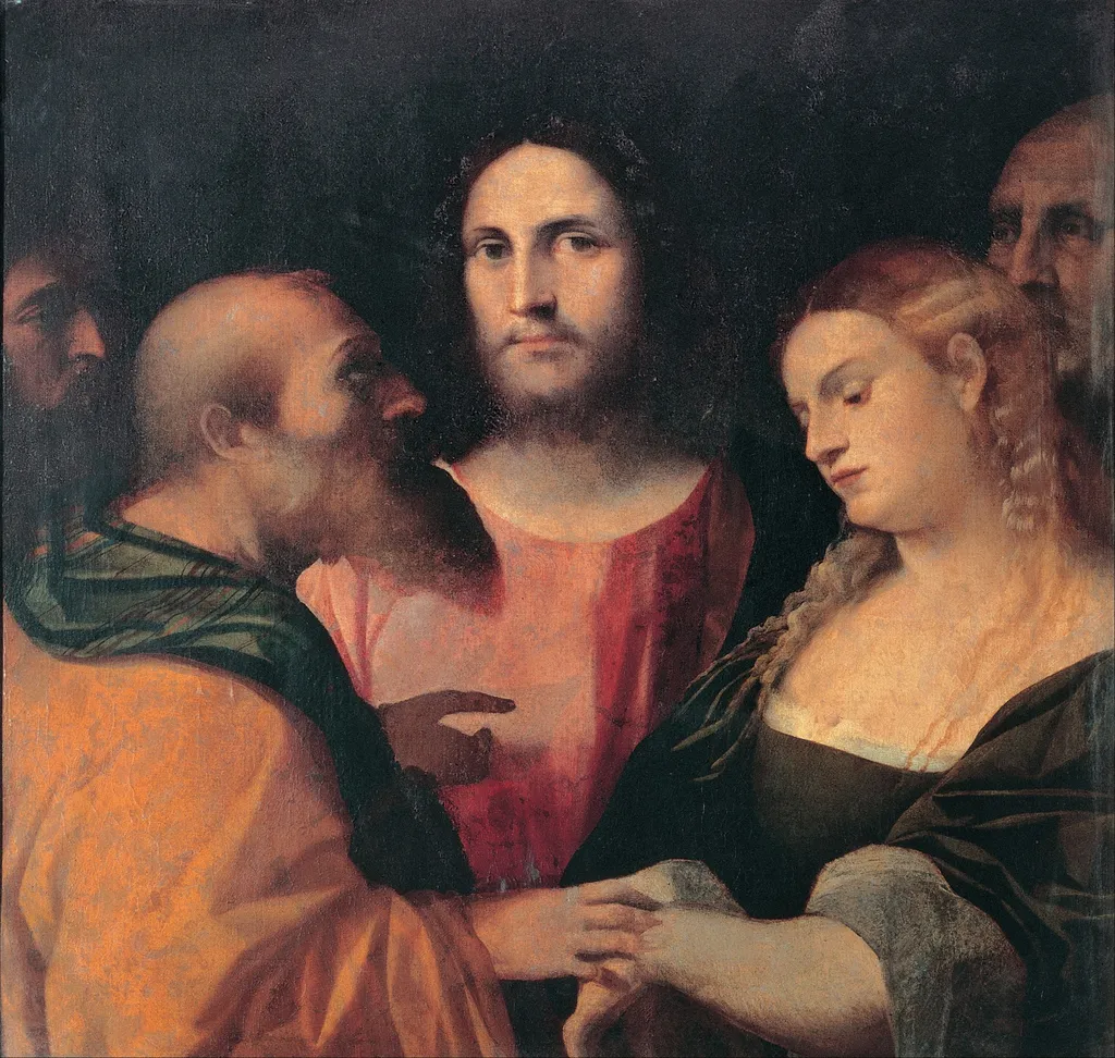 Christ and the adulteress, by Palma Vecchio, oil, 1525