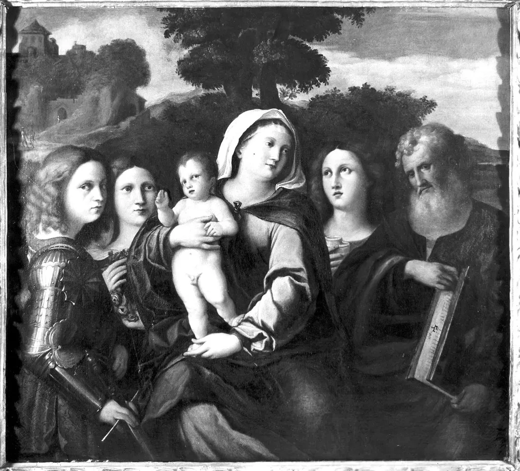 Mary with the Child and four Saints in front of a Landscape, by Palma Vecchio, paint, 1514