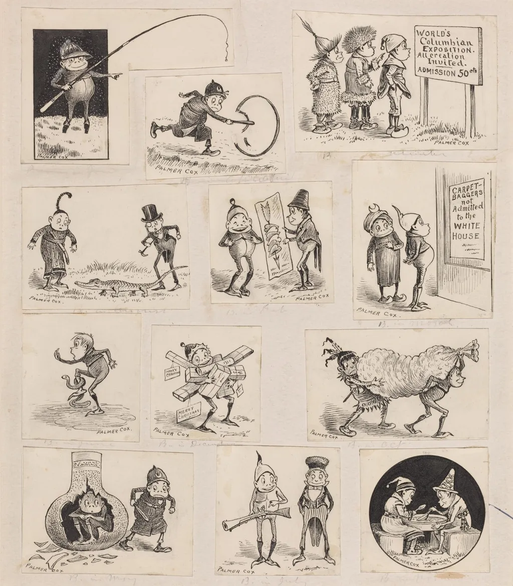 Brownies at Home - Twelve Vignettes, by Palmer Cox, ink, 1893