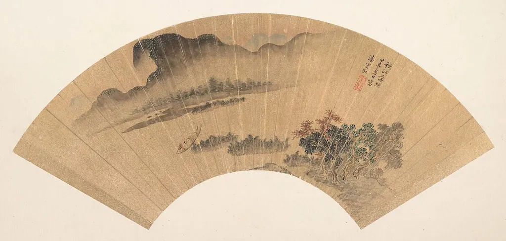 明/清 潘雲馭 秋江落照 扇|Setting Sun on the Autumn River, by Pan Yunyu, ink, 1604