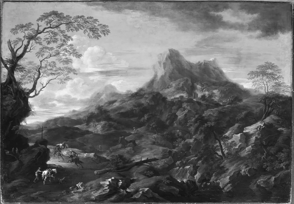 Landscape with Horsemen on a Road, by Pandolfo Reschi, oil, 1679