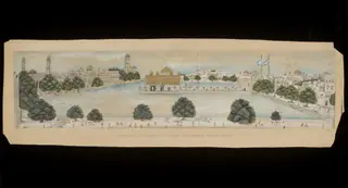 Panoramic view of the Golden Temple, Amritsar, with the surrounding water tank and buildings.