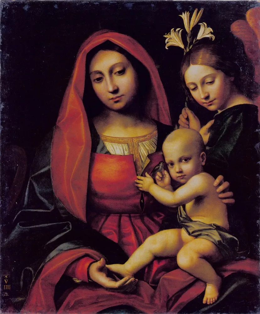 Madonna and Child with an Angel, by Paolo Morando, paint, 1519