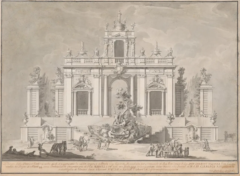 Design for "The Prima Macchina for the Chinea of 1774: Hercules and the Dragon in the Garden of the Hesperides", by Paolo Posi, ink, 1774