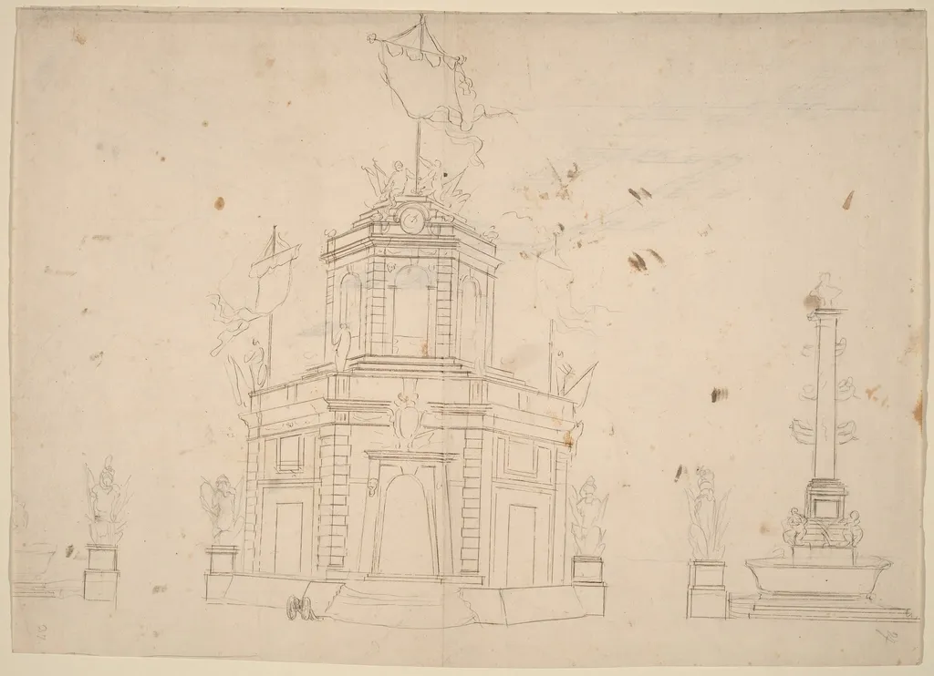 Study for "The Seconda Macchina for the Chinea of 1753: The Quarters of the Royal Militia", by Paolo Posi, ink, 1753