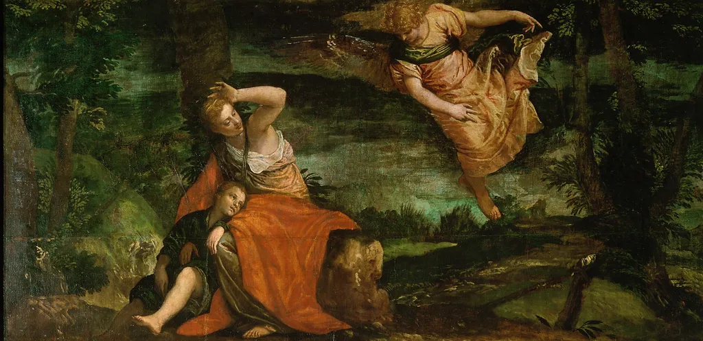 The angel appears to Hagar in the desert, by Paolo Veronese, color