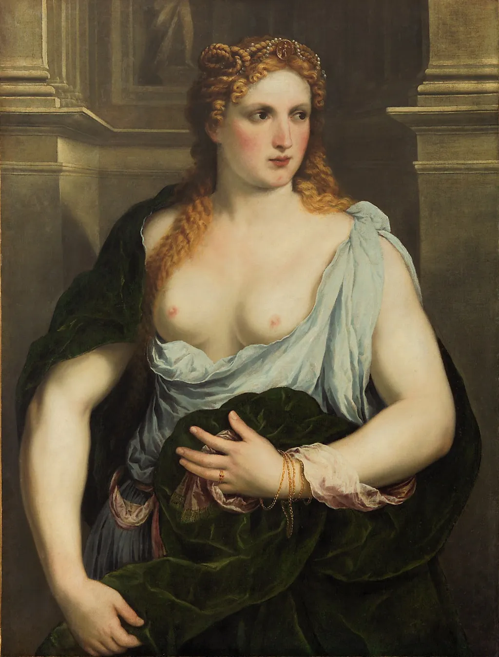 Portrait of a woman with a green cloak, by Paris Bordone, unspecified, 1550