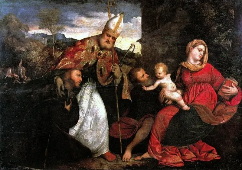 The Holy family with St. Ambrosius and a donor
