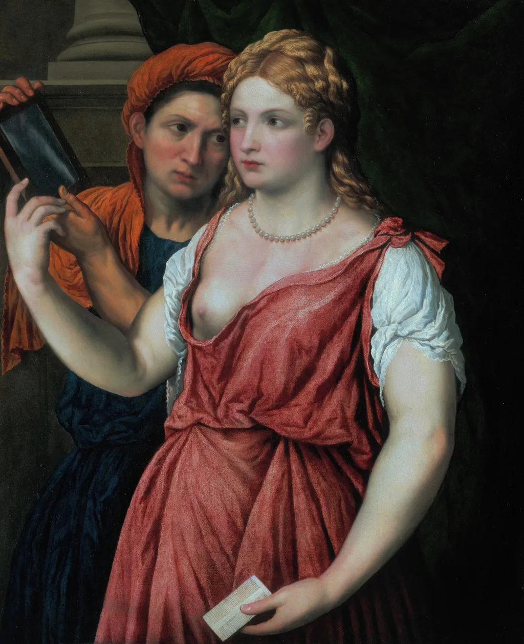 Young Woman Holding a Mirror with Her Servant, by Paris Bordone, oil, 1530