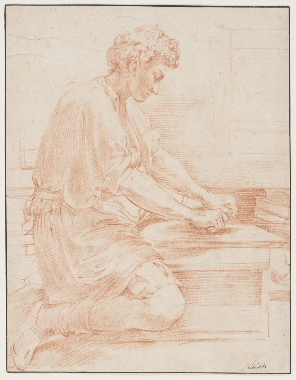 A garzone grinding pigments, by Parmigianino, 1534