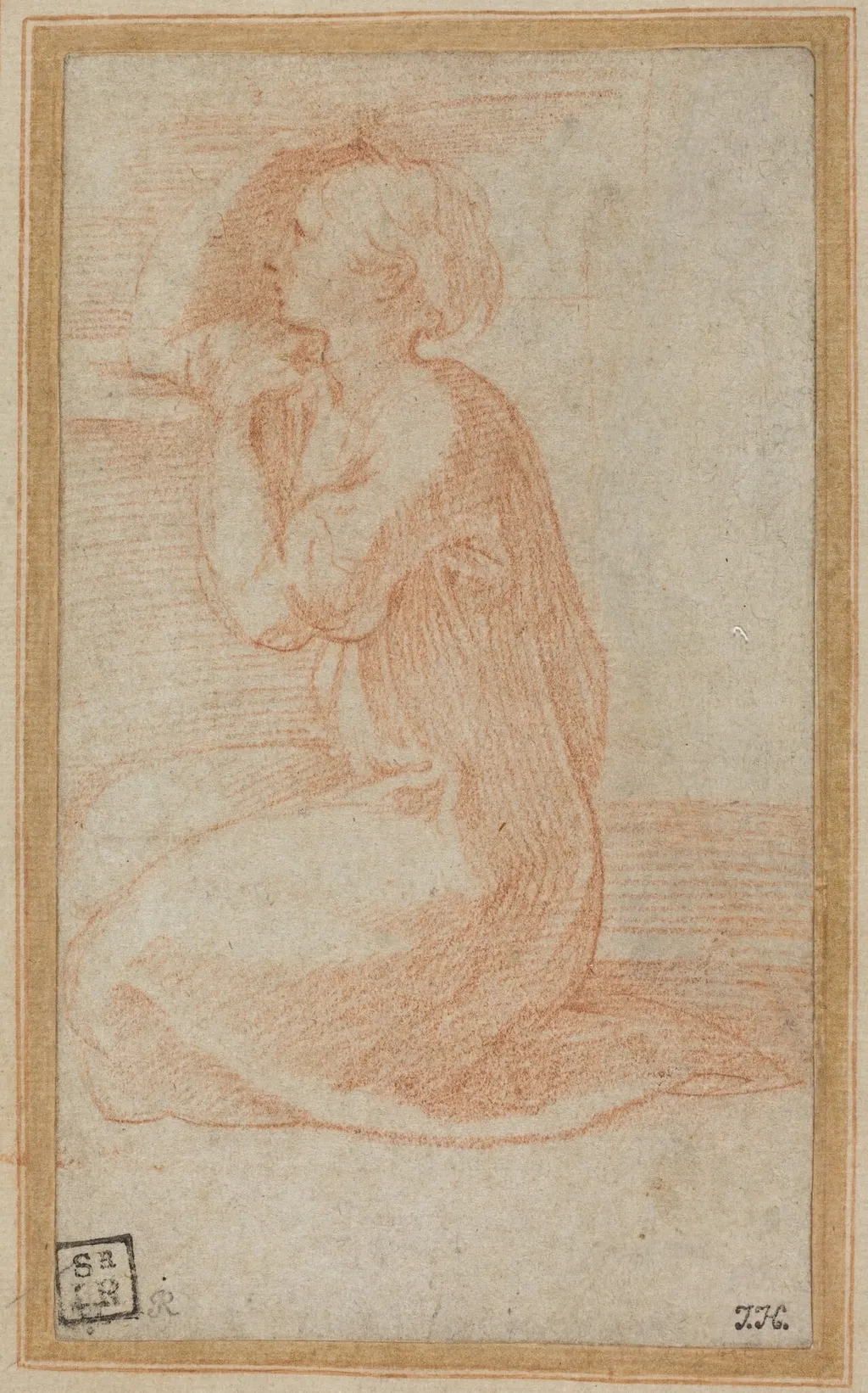 Kneeling Woman Lifting Her Hand to Her Head, by Parmigianino, chalk, 1531