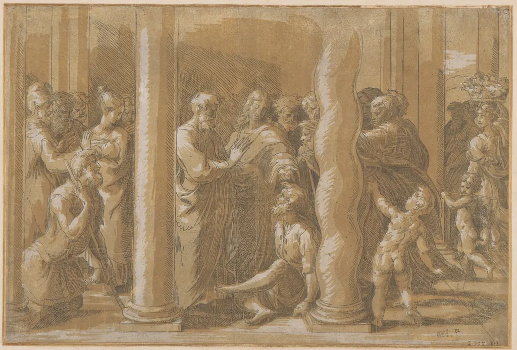 Saints Peter and John Healing the Lame Man at the Golden Gate, by Parmigianino, ink, 1528