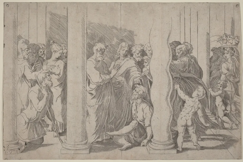 Saints Peter and John Healing the Lame Man at the Golden Gate, by Parmigianino, ink, 1528