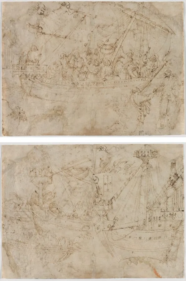 Navicella (recto); Two Drawings of Ships (verso), by Parri Spinelli, 1414