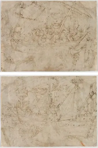 Navicella (recto); Two Drawings of Ships (verso), by Parri Spinelli