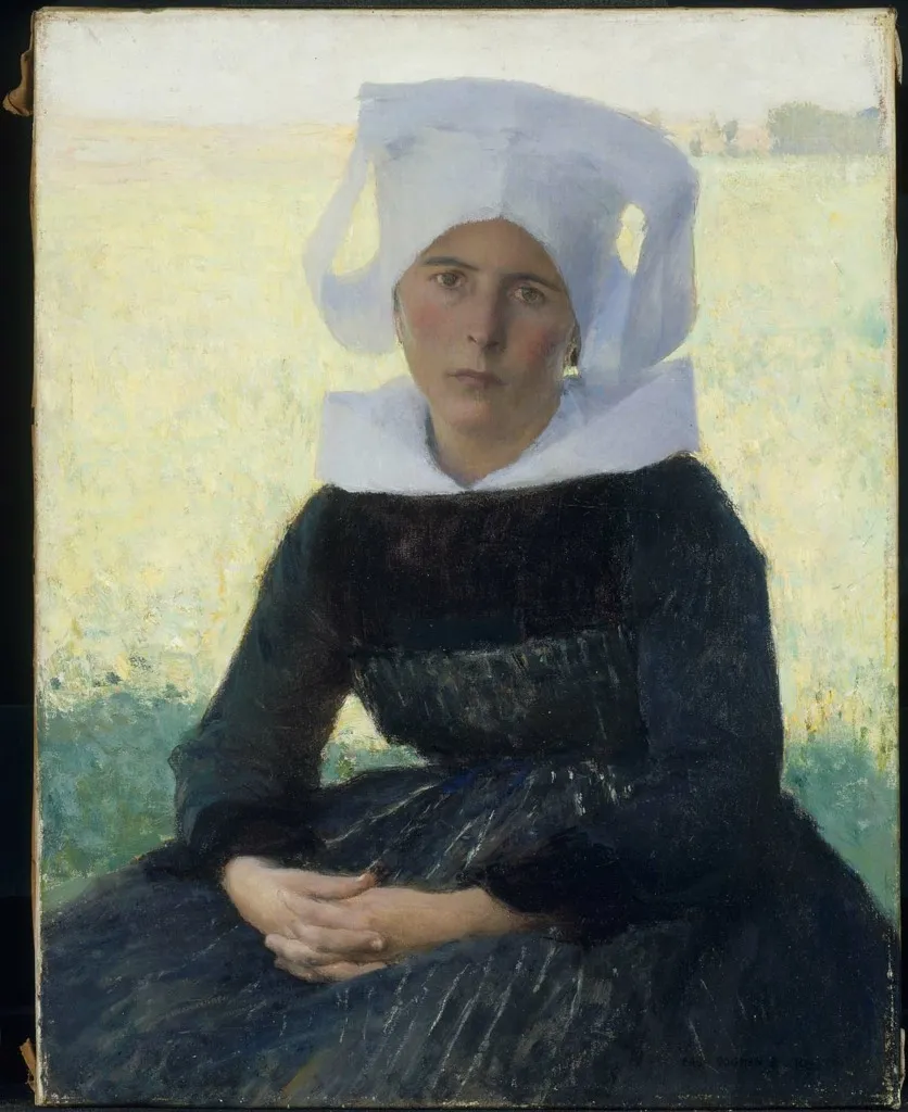 Woman in Breton Costume Seated in a Meadow, by Pascal Dagnan-Bouveret, oil, 1894