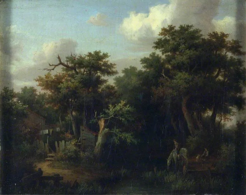 Landscape: Cottage by a Brook with a Boy on a White Horse which is Drinking, by Patrick Nasmyth, oil, 1819