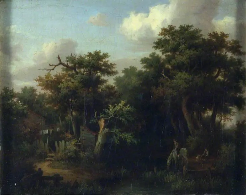 Landscape: Cottage by a Brook with a Boy on a White Horse which is Drinking, by Patrick Nasmyth