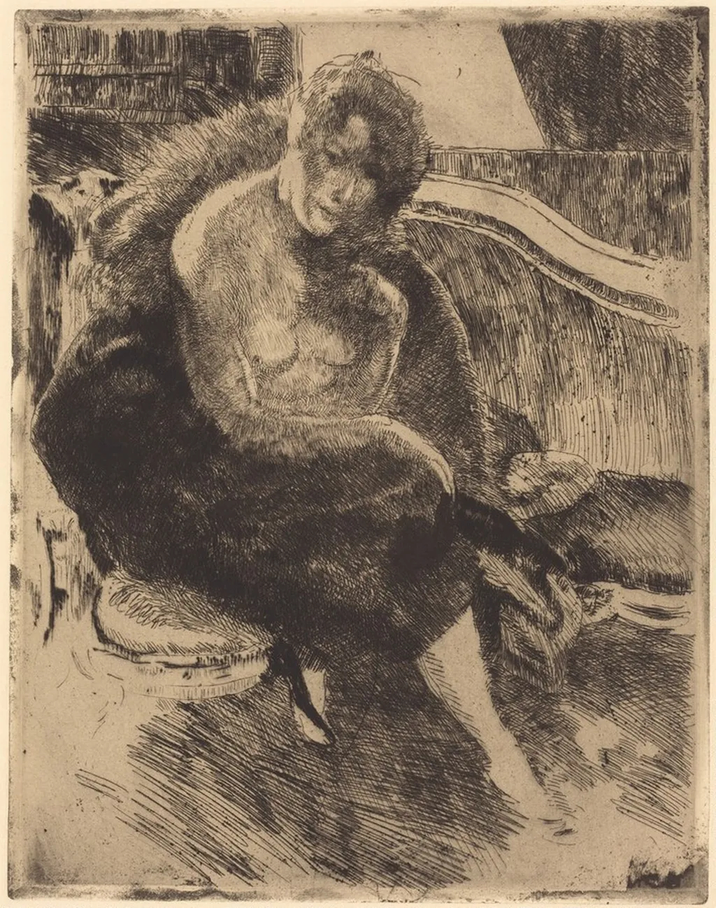 A Nude Woman in a Fur Wrap, by Paul-Albert Besnard, ink, 1892