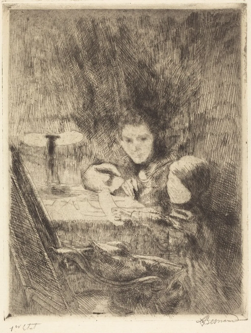 By the Lamp (Sous la Lampe), by Paul-Albert Besnard, ink, 1926