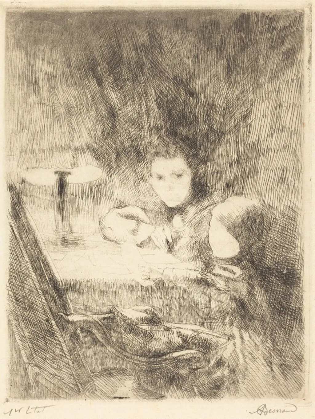 By the Lamp (Sous la Lampe), by Paul-Albert Besnard, ink, 1926
