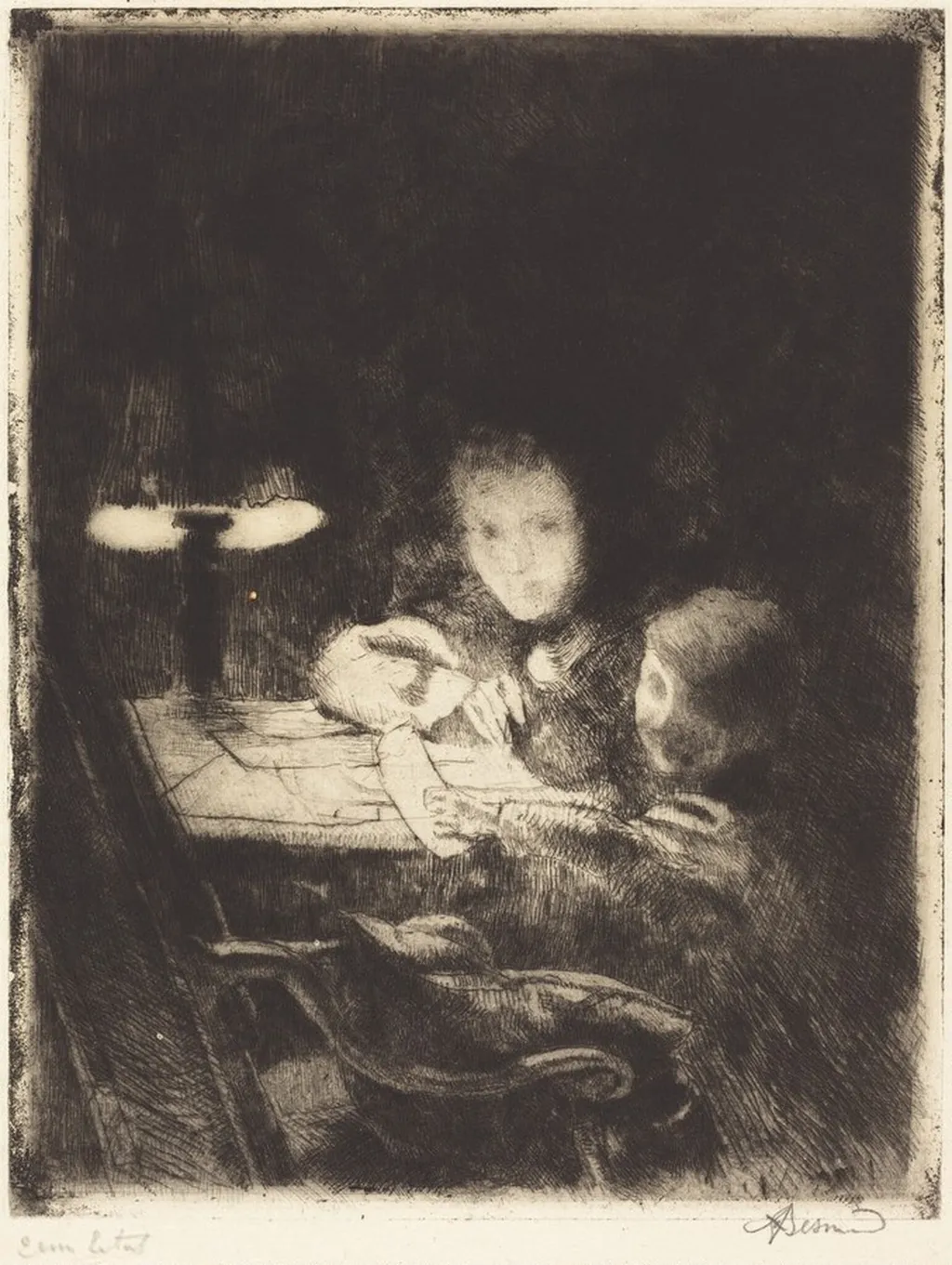 By the Lamp (Sous la Lampe), by Paul-Albert Besnard, ink, 1926