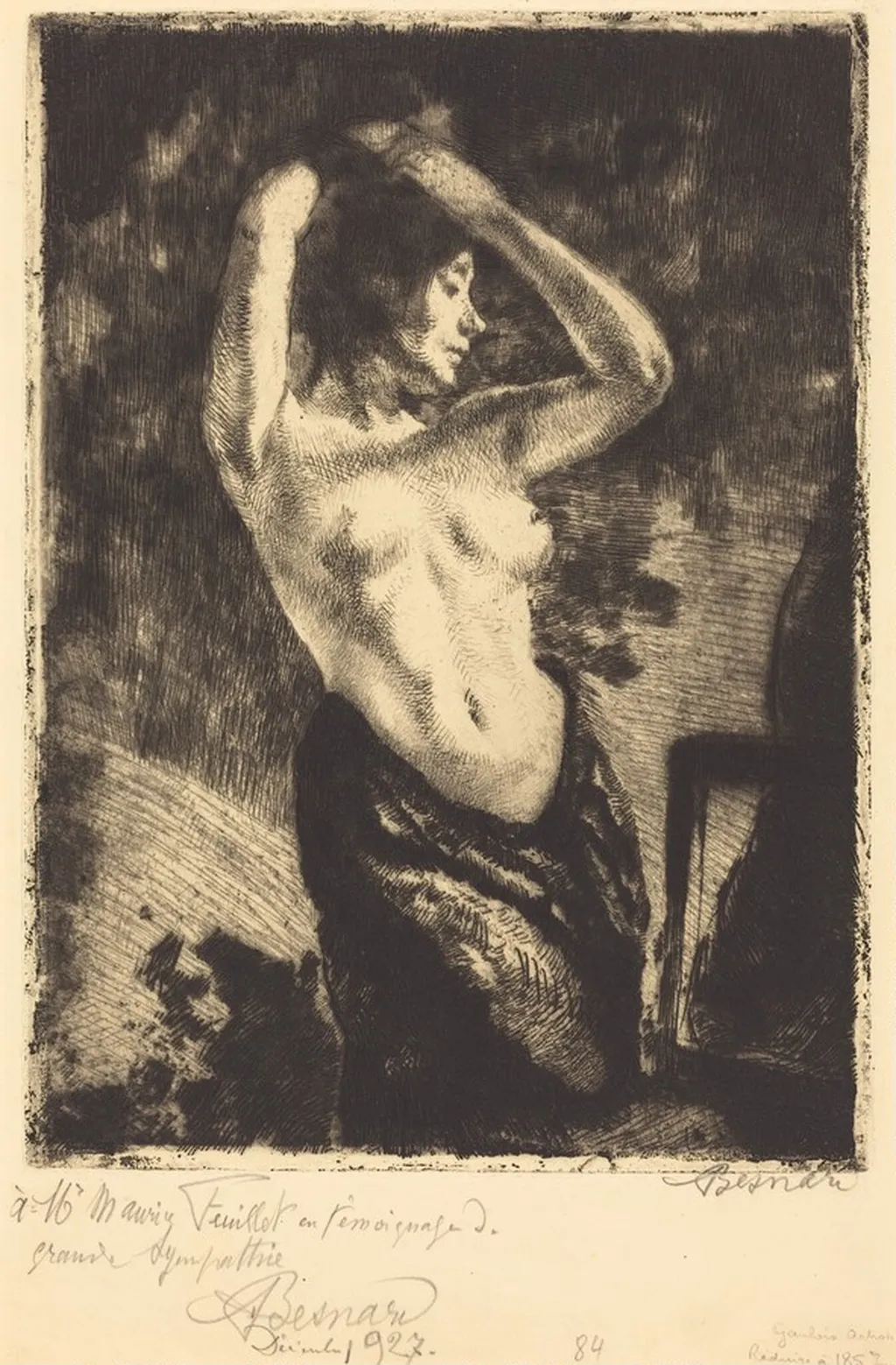 Nude with Her Arms Raised (Le modèle nue les bras levés), by Paul-Albert Besnard, ink, 1925