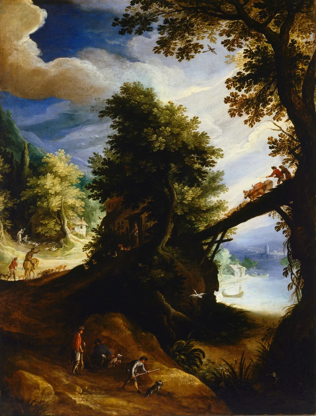 A wooded landscape with a bridge and sportsmen at the edge of the river, by Paul Bril, oil, 1598