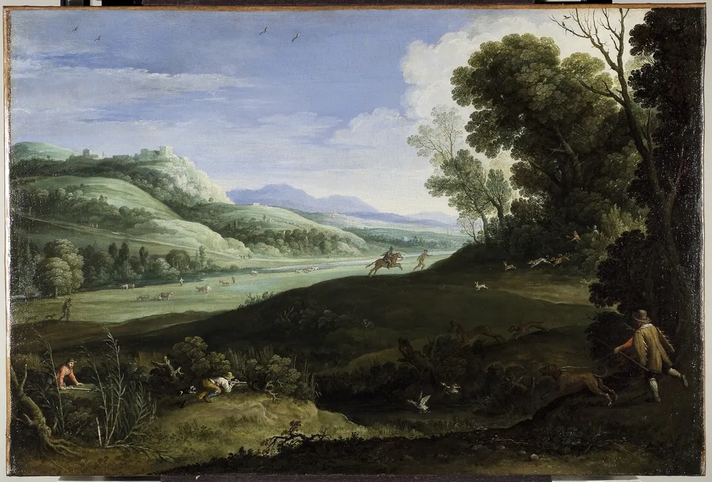 Landscape with Hunters, by Paul Bril, oil, 1619