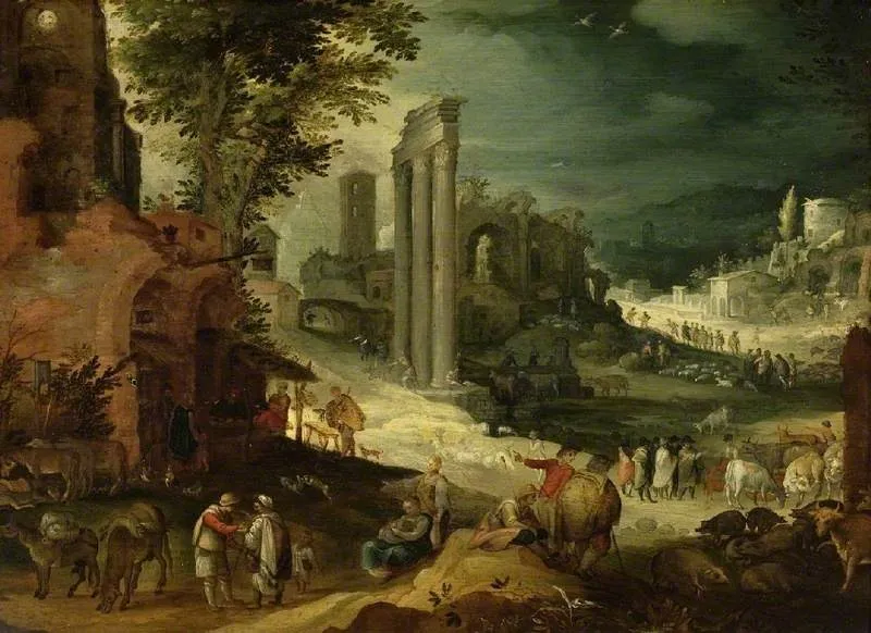 Landscape with Roman ruins, by Paul Bril, oil, 1600