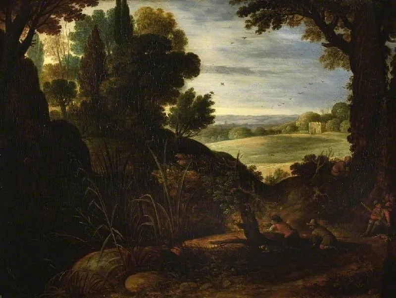 Landscape with sportsmen, by Paul Bril, oil, 1601