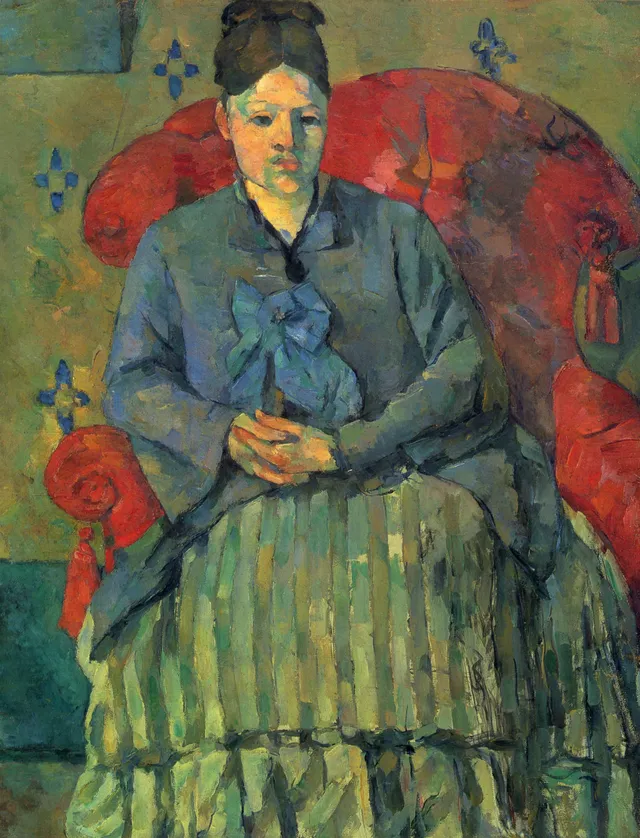 Madame Cézanne à la jupe rayée (Madame Cézanne in a Red Armchair)