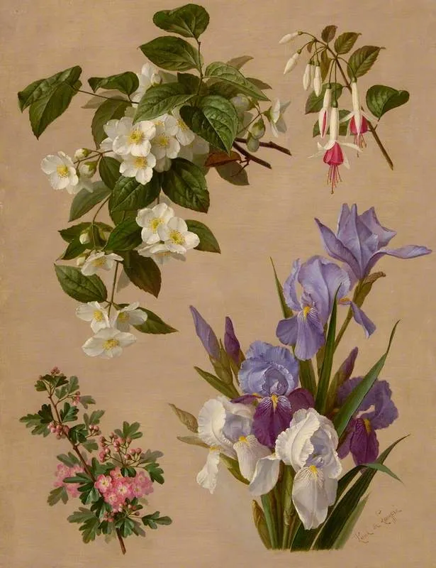 Iris, fuchsia, and other flowering plants, by Paul de Longprè, oil