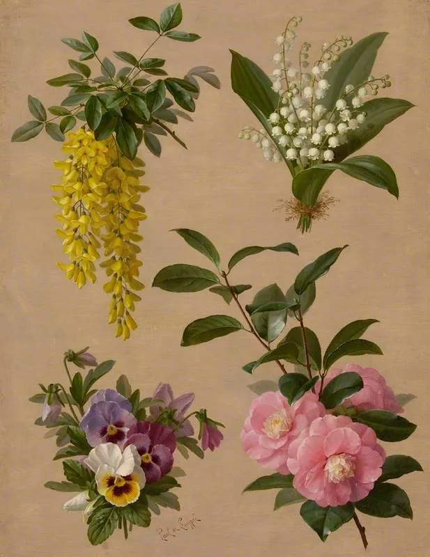 Lily of the valley, camellia, pansy, and laburnum, by Paul de Longprè, oil