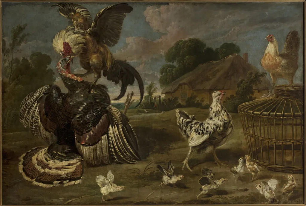 A turkey and a rooster, by Paul de Vos, oil, 1642