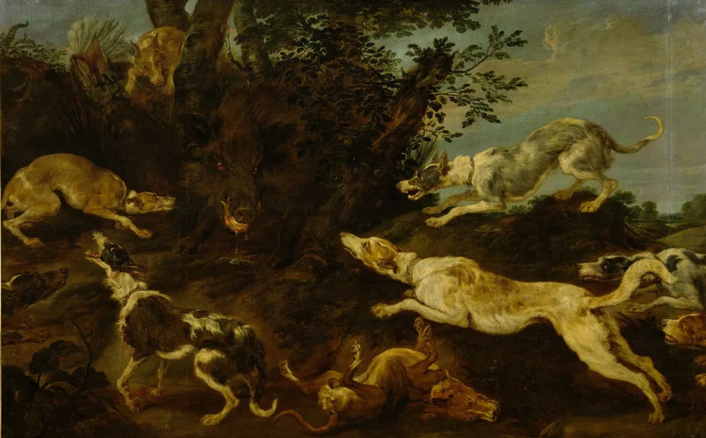 Boar hunt, by Paul de Vos, oil, 1650