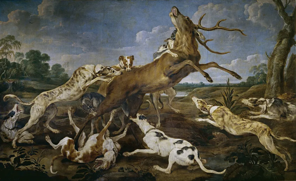 Ciervo acosado por una jauría de perros, by Paul de Vos, oil, 1637