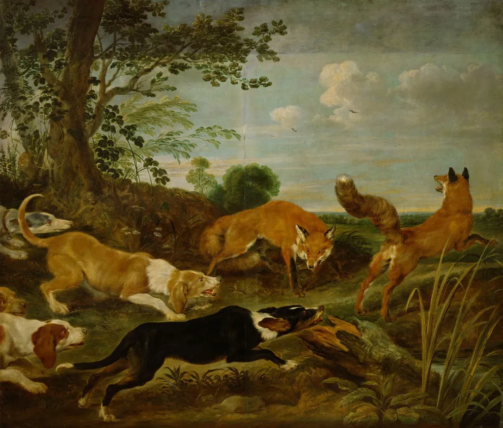 Fox hunt, by Paul de Vos, oil, 1650