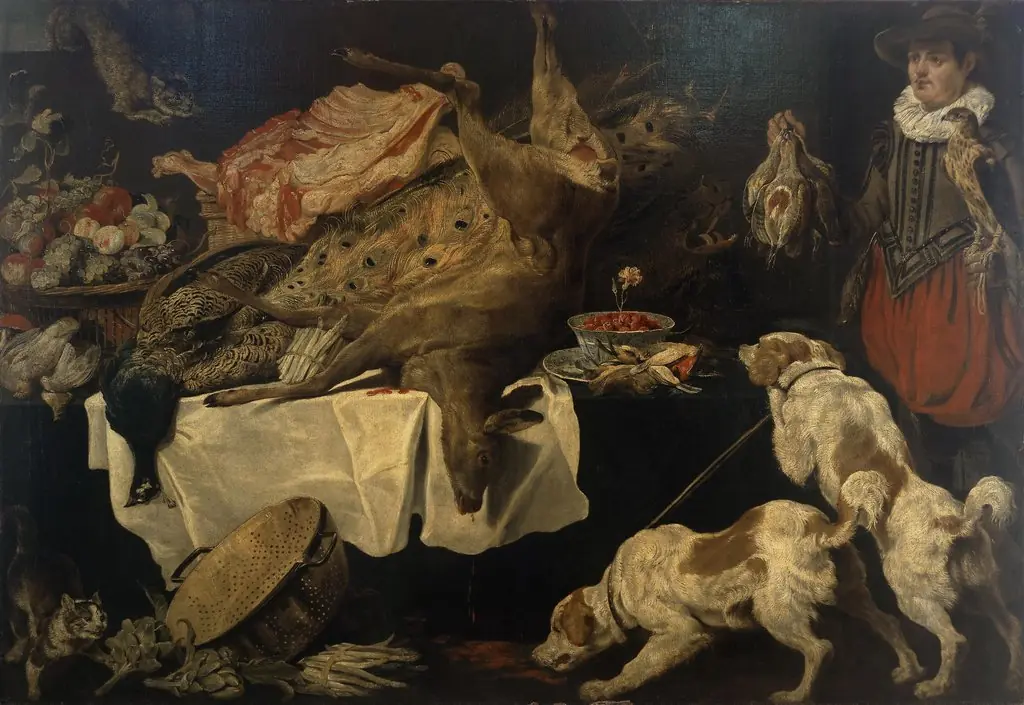 Hunter and Dogs by a Table with Dead Game and Fruit, by Paul de Vos