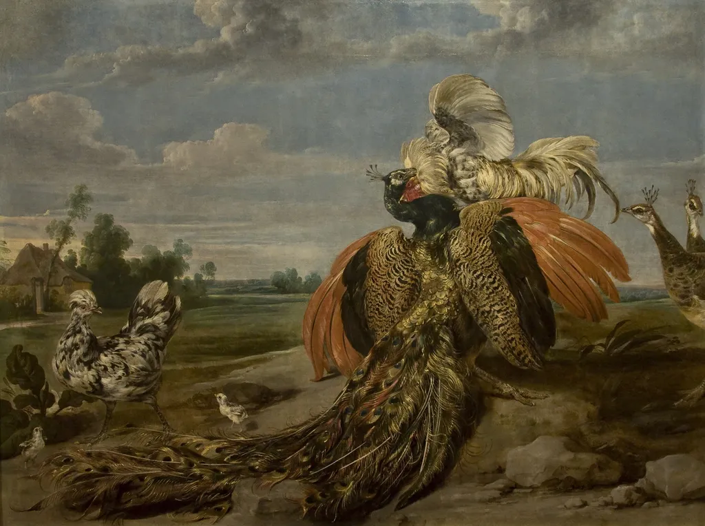 Peacock and Cock Fighting, by Paul de Vos, oil, 1650