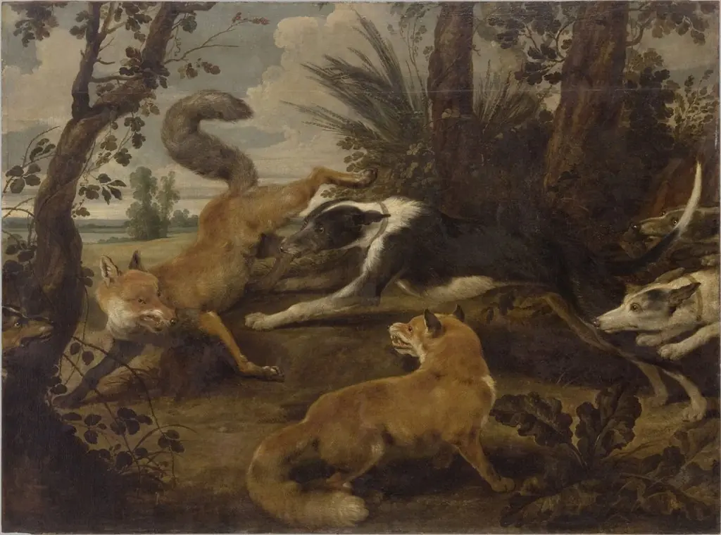 Wolfhounds and Two Foxes, by Paul de Vos