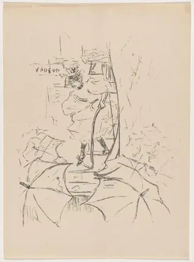untitled (Woman descending onto a street of umbrellas), by Paul Edouard Crébassa