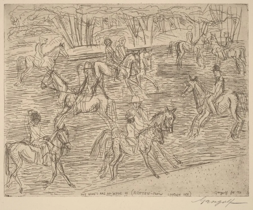 Hyde Park Rider, THE BONES ARE ALL INSIDE!!! (ROTTEN-ROW LONDON 1931), by Paul Gangolf, ink, 1931