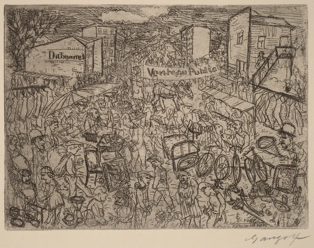 PARIS MARCHÉ AUX PUCES (Paris Flea Market), by Paul Gangolf, ink, 1927