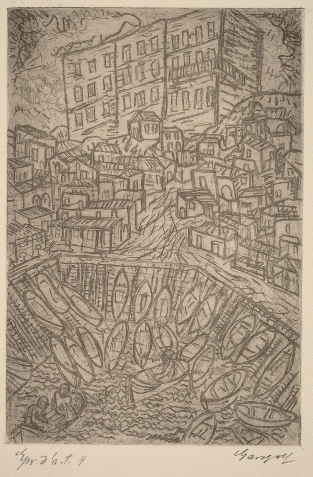 Petit Port--La Corniche, Marseilles, by Paul Gangolf, ink, 1928