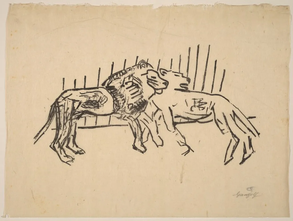 Two Lions (Zwei Löwen), by Paul Gangolf, ink, 1900