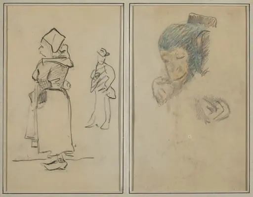 A Breton Woman and a Standing Man; Head and Hand of a Monkey [recto], by Paul Gauguin
