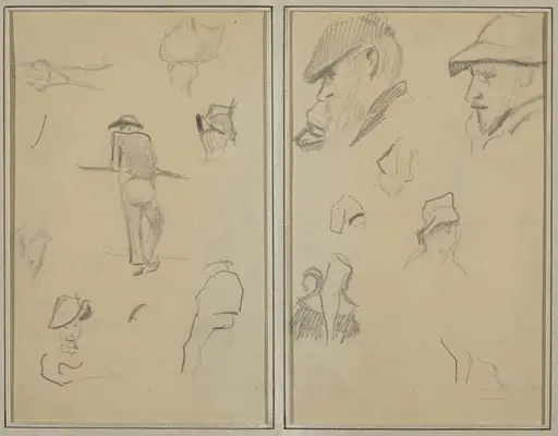 A Man Leaning on a Wall with Five Other Studies; Two Bearded Men Wearing Hats, and Five Other Studies [recto], by Paul Gauguin