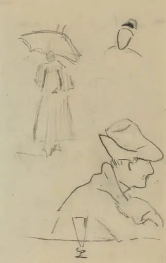 A Person Holding an Umbrella and a Seated Man with a Hat and a Glass [verso], by Paul Gauguin